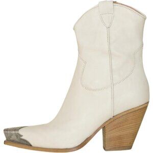 Women's Beige Faux Leather Steel Toe Side Zipper Block Heel Western Ankle Boots